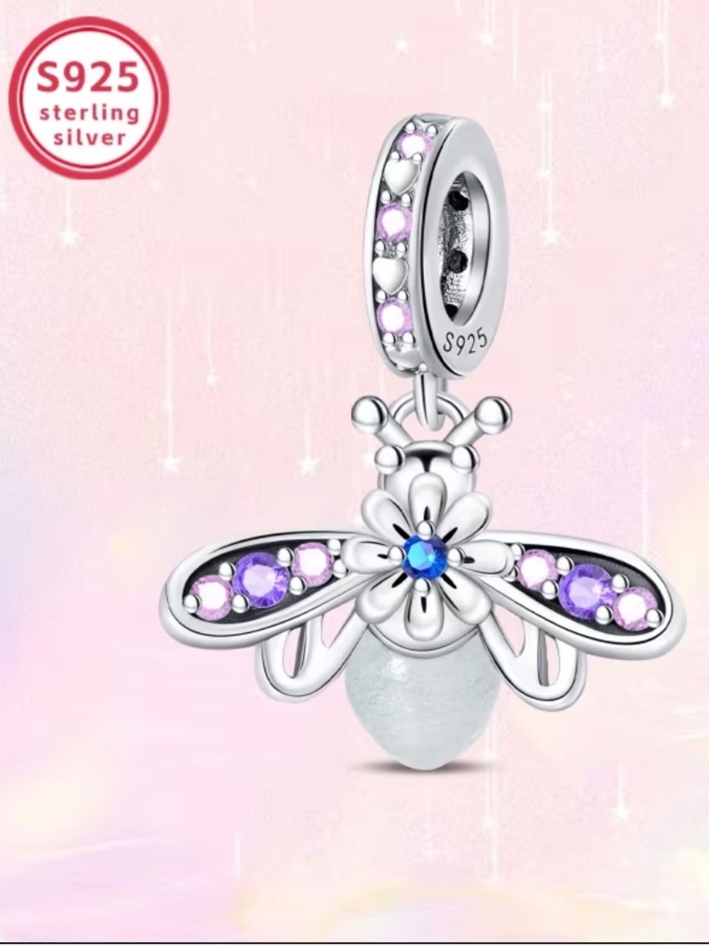 Sterling Silver Firefly Lightning Bug Dangle Charm Purple CZ